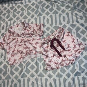 Simply Southern Candy Cane bows Pajama Top and bottom set  - Pink and Red